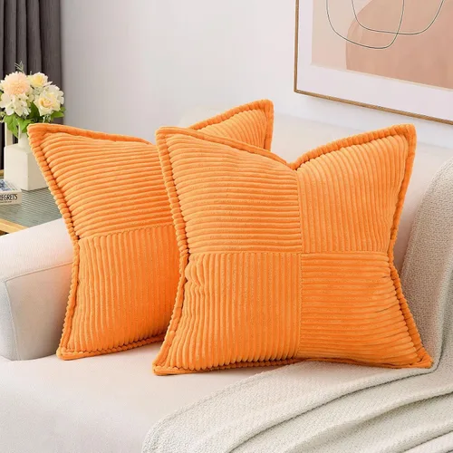 Vista 12 de HAUSSY Paquete de 2 fundas de almohada de 16 x 16 pulgadas, fundas decorativas de pana suave, estilo bohemio, a rayas, sólidas, decoración