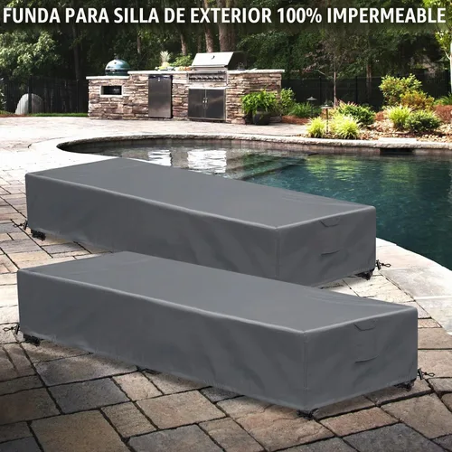 Vista 5 de Fundas Impermeables para Sillas Lounge de Patio, Paquete de 2, Fundas para Tumbonas de Exterior, Material 600D Resistente a la Intemperie Gris