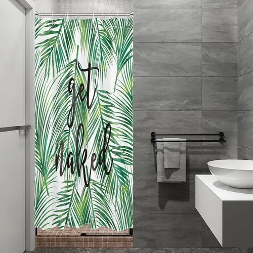 Vista 8 de LB Cortina de ducha de plantas de hojas verdes tropicales, citas divertidas y hojas de palma en cortinas de ducha beige para baño, tela de poliéster