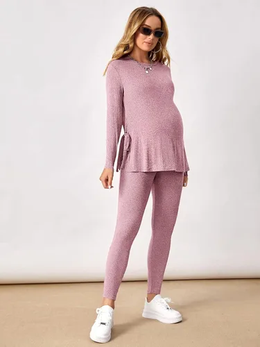 Vista 5 de OYOANGLE Conjunto de camiseta de maternidad con cuello redondo y nudo lateral para mujer