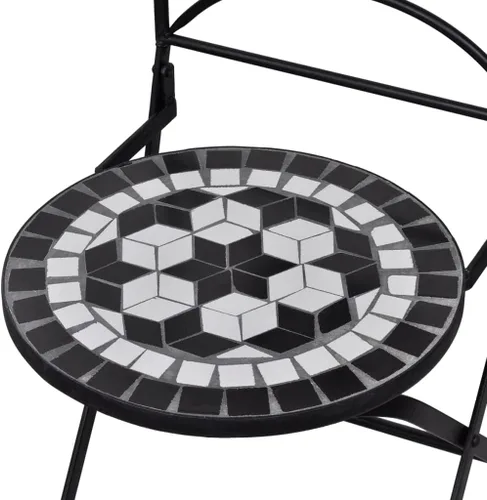 Vista 6 de vidaXL Juego de 2 sillas plegables de mosaico bistró, asientos de cerámica en blanco y negro, marco de hierro con recubrimiento de polvo, asientos