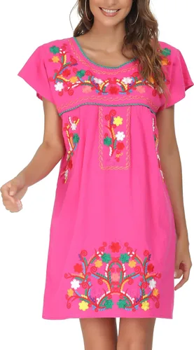 Vista 6 de YZXDORWJ - Vestido mexicano bordado de manga corta para mujer