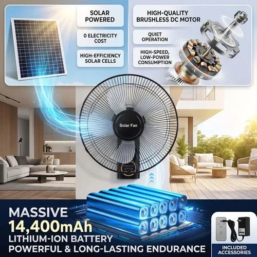 Vista 3 de Heavy Duty 16 Waterproof Solar Wall Fan - Oscillating With Remote & Timer, Adjustable 3 Speeds, Quiet For Greenhouse, Patio, Outdoor & Commercial Use