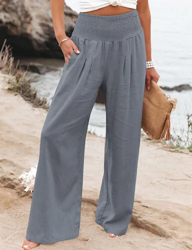 Vista 2 de GLIENST Pantalones palazzo casuales de pierna ancha para mujer, de cintura alta, fruncidos, con bolsillos, tallas S-XXL