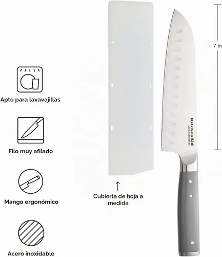 Vista 5 de KitchenAid Cuchillo Santoku forjado gourmet con cubierta de hoja de ajuste personalizado, cuchillo de cocina afilado, hoja de acero inoxidable Gris