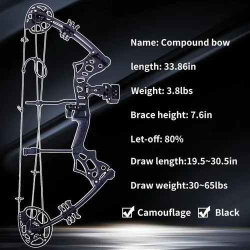Vista 3 de Conjunto de arco y flecha compuesto para adultos, kit combinado de pesca con arco ajustable de 30-65 libras, combinación de arco compuesto de 19.5