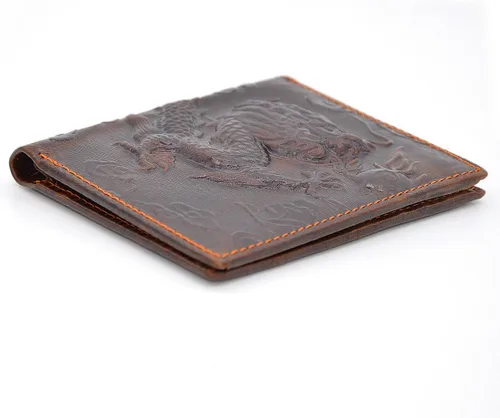 Vista 5 de Cartera de cuero genuino marrón para hombre con tarjetero de crédito patrón de dragón M, Estilo vertical, Funda tipo cartera para tarjetas