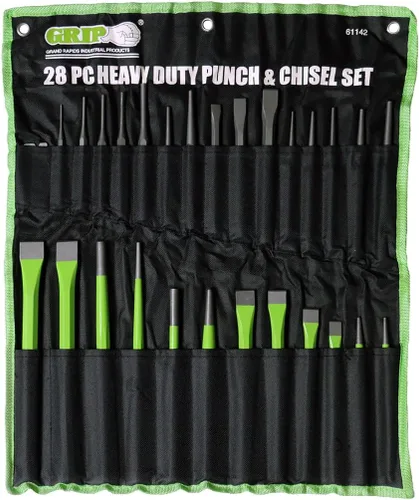 Vista 2 de GRIP Juego de 28 piezas de punzón y cinceles resistentes – Acero CRV – Punzones cónicos, cinceles fríos, perforadores de alfiler, perforador central