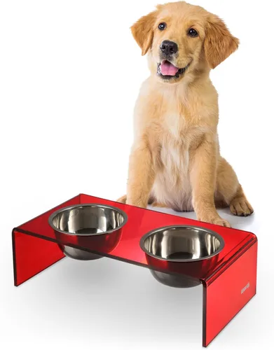 Vista 23 de DBL2000B Keaton - Comedero rectangular elevado moderno de lucita para mascotas de 5 pulgadas, tamaño pequeño/mediano, con 2 cuencos de acero