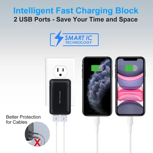 Vista 5 de Cargador de Pared USB Dual Plano, OKRAY Bloque de Carga Rápida 5v/3a con Enchufe Plegable, Adaptador de Cargador de Teléfono Extra-Delgado de 2