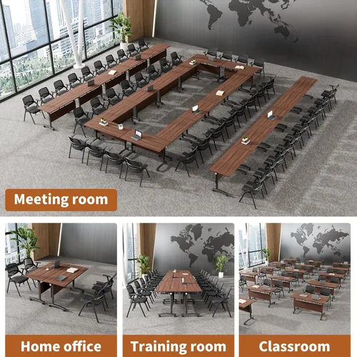 Vista 5 de Paquete de 8 mesas de conferencias plegables, mesa modular moderna para sala de conferencias con ruedas, mesa de reunión móvil de seminario abatible
