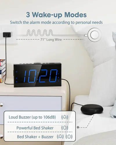Vista 2 de Reloj despertador súper fuerte con agitador de cama, reloj despertador vibratorio para personas que duermen con problemas auditivos y adolescentes