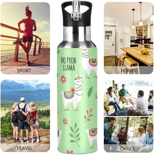 Vista 5 de Cute Llamas Flowers Green Insulated Stainless Steel Water Bottle with Straw 32 Oz, BPA-Free Sport Water Bottle Insulated Leakproof Water Bottles