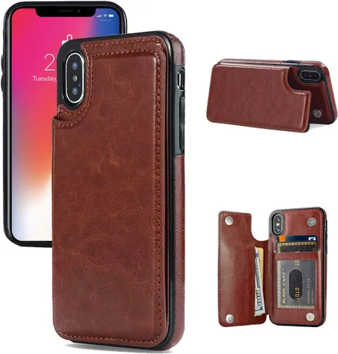 Vista 13 de Funda tipo cartera compatible con iPhone X/XS, funda protectora delgada con tarjetero y ranuras para tarjetas de piel sintética de alta calidad