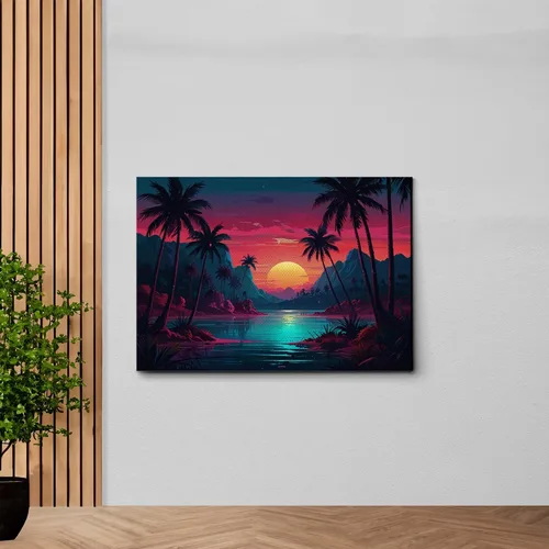 Vista 3 de Neon Sunset Vibes Florida Synthwave Sunset Framed Canvas Print, Retro Miami Style Wall Art, Canvas, Decor