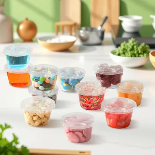 Vista 5 de 100 vasos de plástico para porciones con tapas, ensalada desechable Recipientes de aderezo para preparación de comidas, pudín de bocadillos