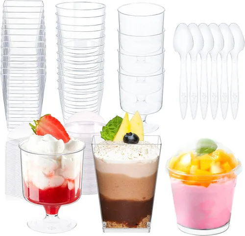 Vista 10 de Paquete de 360 tazas de postre de 5 onzas y 6 onzas con tapas y cucharas, 3 estilos de vasos de plástico transparente para aperitivos, desechables
