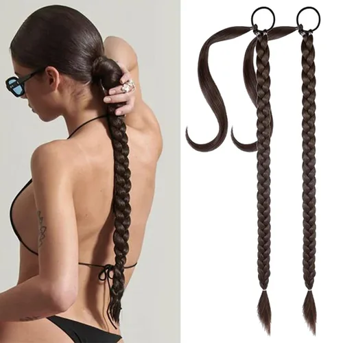 Vista 16 de Extensión de cola de caballo de trenza larga con lazo elástico, 1 unidad, extensiones de cabello sintético lacio y elegante envolvente para mujer