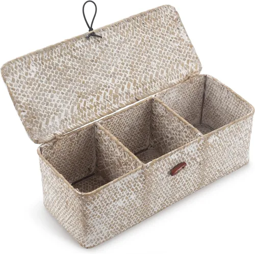 Vista 11 de DECRAFTS Cesta de almacenamiento de pastos marinos con tapa, rectangular, pequeña, tejida con secciones para organizar aperitivos, juguetes, tampón