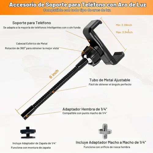 Vista 2 de Soporte universal para teléfono con anillo de luz con adaptador de 1/4 y zapata caliente, soporte de teléfono flexible para anillo de luz y trípode
