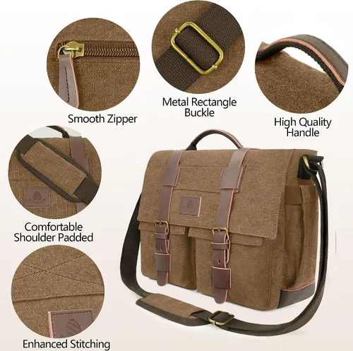 Vista 6 de Bolsa tipo mensajero para hombre, bolsa para laptop de 15.6 pulgadas, bolsa vintage de lona encerada, resistente al agua, maletín de cuero