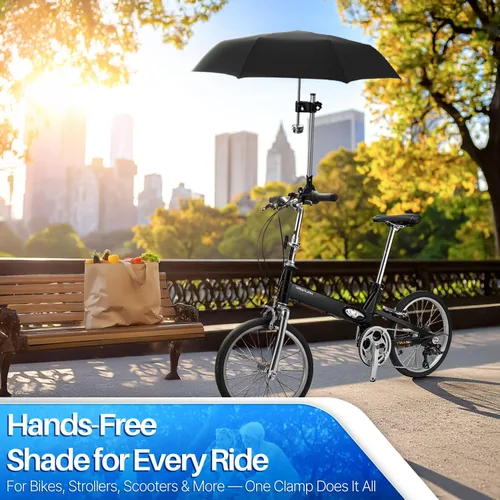 Vista 2 de Flexzion Soporte de abrazadera ajustable para sombrilla de bicicleta – Accesorio universal para cochecito, soporte de sombrilla para silla de ruedas