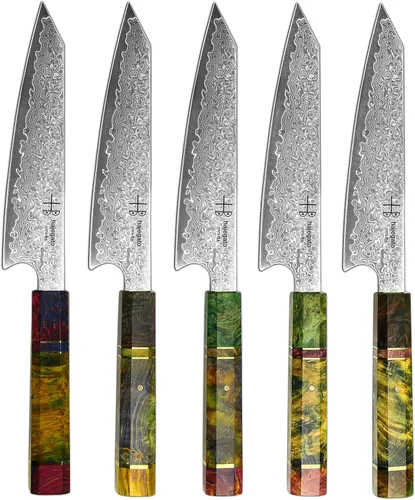Vista 8 de Cuchillo de chef damasceno pequeño único de una pieza, mango profesional, cuchillo de cocina japonés de 6 pulgadas VG10 de 67 capas de acero