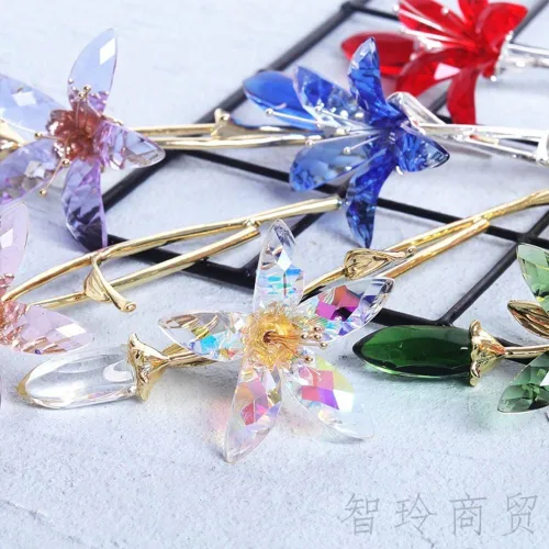 Vista 5 de Flores de lirio de tigre de cristal con jarrón de cristal, tallo de metal, lirio rosa, regalos coleccionables para mujeres, figuras florales