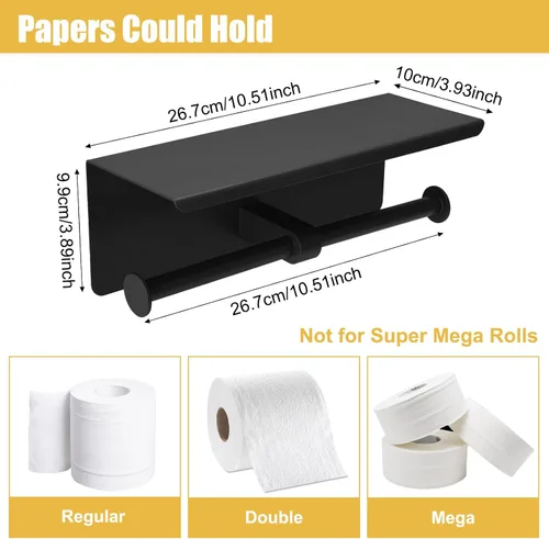 Vista 3 de Soporte doble de papel higiénico, soporte de papel de seda de acero inoxidable con estante, dispensador de papel higiénico antioxidante, montado