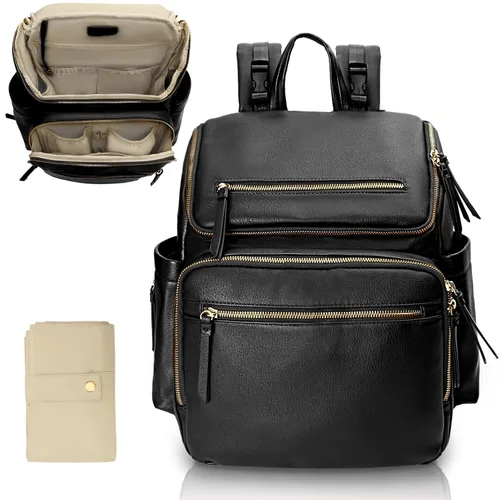Vista 9 de Omanmoli Bolsa de pañales a cuadros, mochila grande de cuero para pañales con 17 bolsas organizadoras, cambiador, correas para cochecito, 4 Beige