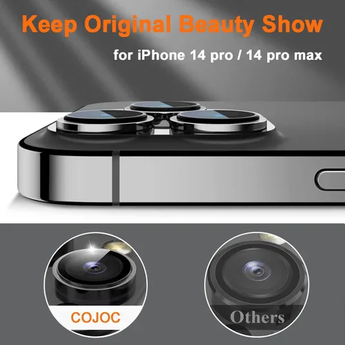 Vista 3 de COJOC [3+1] Protector de lente de cámara para iPhone 14 Pro/iPhone 14 Pro Max, [diseño original] Protector de pantalla de cámara de vidrio templado