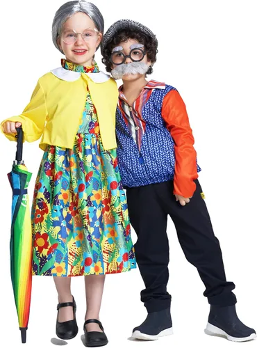 Vista 5 de AlecosFun Disfraz de anciana para niñas, 100 día de escuela, 4 piezas, juego de abuelita, chaqueta, vestido, peluca y lentes para niños de 4 a 10