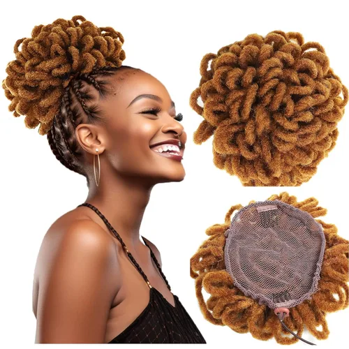 Vista 17 de Abellee 2 moños de Loc para mujeres negras, 8 pulgadas, moño de pétalos de Loc, Afro, cola de caballo alta, cordón de coleta, extensiones de cabello