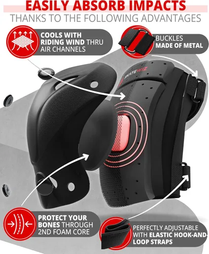 Vista 4 de SKATEWIZ Kids and Adult Knee Pads and Elbow Pads Set 6pcs - incl. Carry Bag