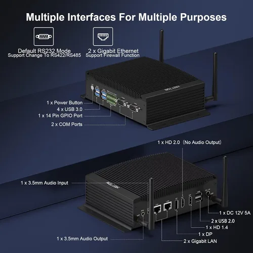 Vista 7 de HISTTON Mini PC sin ventilador Core i7-10810U, 8GB RAM 256GB M.2 SSD, PC industrial con 2 RS232/485 COM, Dual HD+DP 4K Triple Display, 2 LAN, 6 USB
