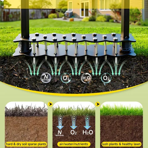 Vista 5 de Herramienta aireadora de césped mejorada con 14 picos de acero, herramienta de aireador manual de césped con diseño de resorte y limpieza automática