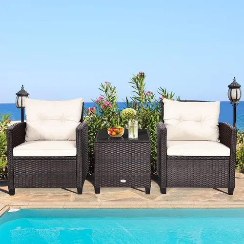 Vista 9 de Moderno juego de muebles de mimbre beige de 3 piezas para patio con cojines resistentes al agua y mesa de vidrio templado