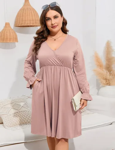 Vista 2 de ShopWonder Vestido de talla grande para mujer, con cuello en V, acampanado, largo hasta la rodilla, vestido de fiesta, minivestido de fiesta