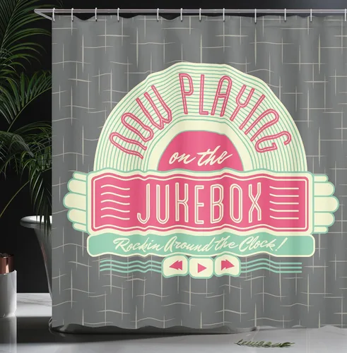 Vista 3 de Ambesonne Jukebox - Cortina de ducha, fondo gris carbón inspirado en los años 50, imagen de caja de música de radio, juego de decoración de baño