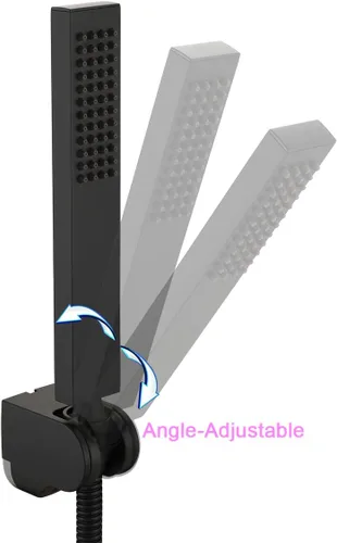 Vista 3 de Asyas Cabezal rociador de ducha de mano cuadrado de latón macizo con conector de pared ajustable, soporte de ducha y manguera, negro mate de alta