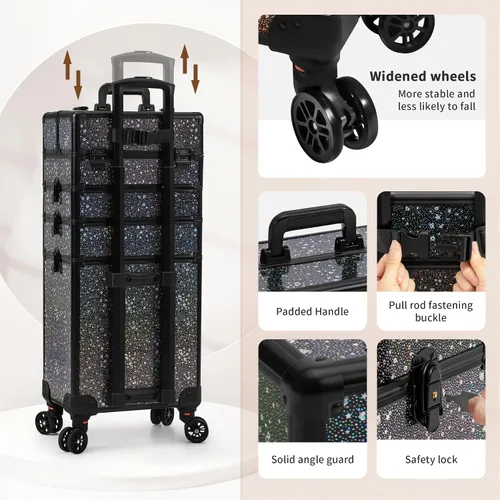 Vista 5 de AROUS Estuche de Maquillaje Rodante 5 en 1, Estuche de Cosmetología con Ruedas, Organizador de Cosméticos Grande, Carro de Viaje para Peluquero