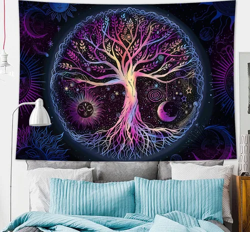 Vista 2 de FORATER Tapiz de árbol de la vida, para colgar en la pared, colorido árbol de la vida, tapiz estético de sol y luna, galaxia para dormitorio, sala