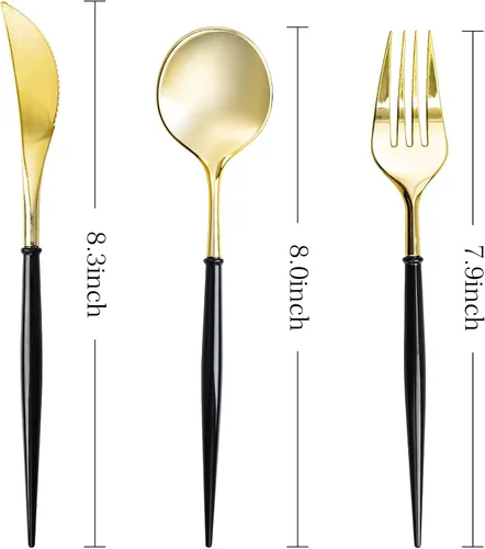 Vista 2 de N9R Juego de cubiertos de plástico dorado - 90 piezas con mango negro - Cubiertos de plástico elegantes, resistentes - 30 cucharas, 30 tenedores, 30