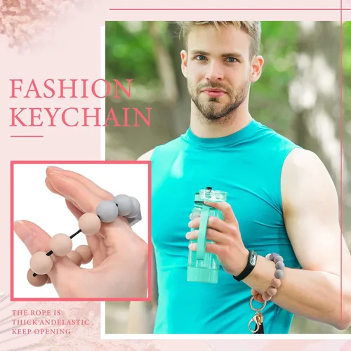 Vista 6 de 4 llaveros de silicona con cuentas y llavero circular para mujer, llavero redondo portátil, llavero elástico con borla de cuero para adultos unisex