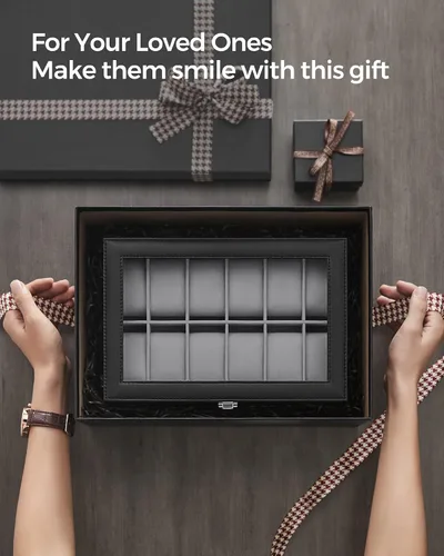 Vista 7 de SONGMICS Caja de reloj caja de reloj de 12 ranuras con tapa de cristal grande almohadas de reloj extraíbles organizador de caja de reloj regalo