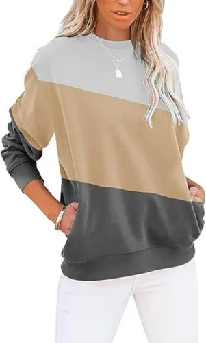 Vista 7 de Sudadera para mujer, casual, cuello redondo, manga larga, bloque de color, suave, holgada, con bolsillo, S-2XL