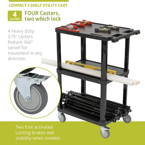 Vista 6 de Pearington Carrito utilitario compacto multiusos de 3 niveles con ruedas bloqueables y mango ergonómico, negro, paquete de 2
