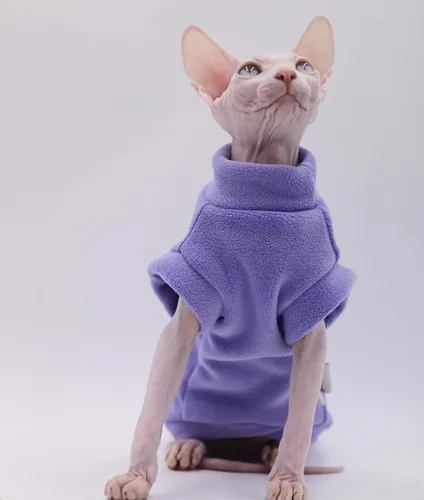 Vista 6 de Ropa para gatos sin pelo Otoño/Invierno de forro polar cálido súper suave y elástica para Sphynx, Devon, Konis, gatos pequeños y perros (verde, XS)