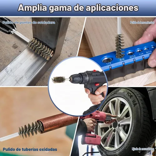 Vista 6 de 12 piezas de cepillo de orificio de acero inoxidable, juego de cepillo de alambre para taladro con vástago hexagonal de 1/4 pulgadas, cepillo