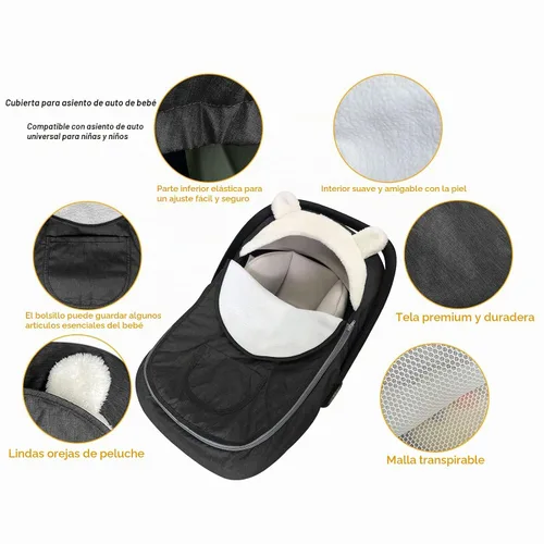 Vista 4 de Funda para asiento de automóvil, funda de asiento de automóvil para bebé, cubierta universal para asiento de automóvil para invierno, otoño Negro